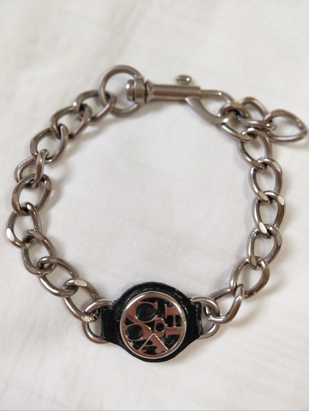 Coach Silver Black Logo Bracelet Leather